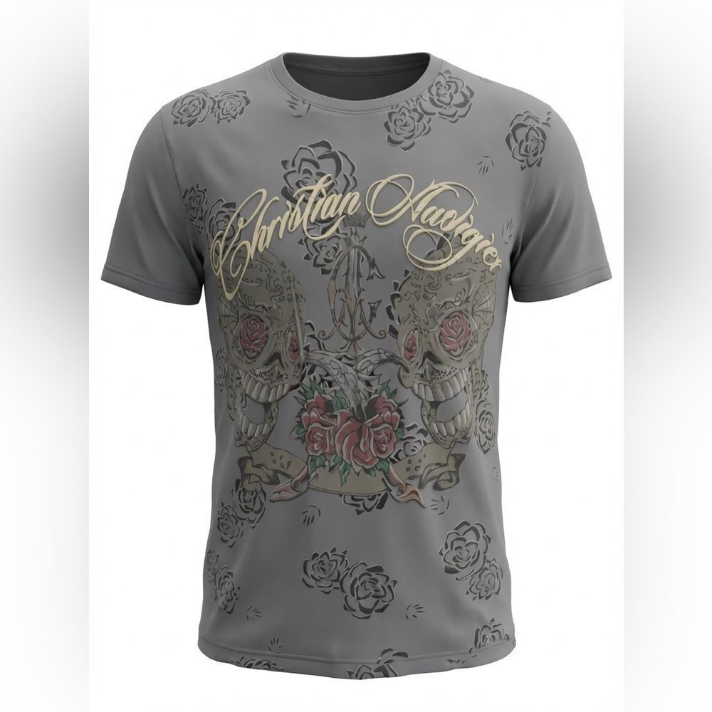 CHRISTIAN AUDIGIER MENS T SHIRT GRAY WITH GOLD DESIGN SIZE M